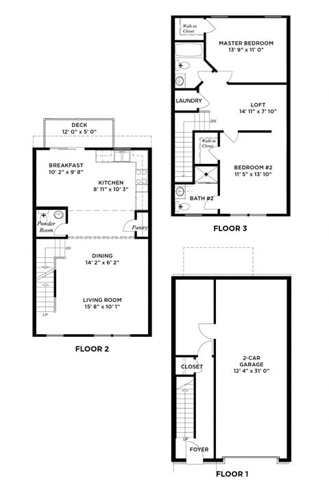 Floor plan for 2 beds, 2.5 baths, 1450 sqft